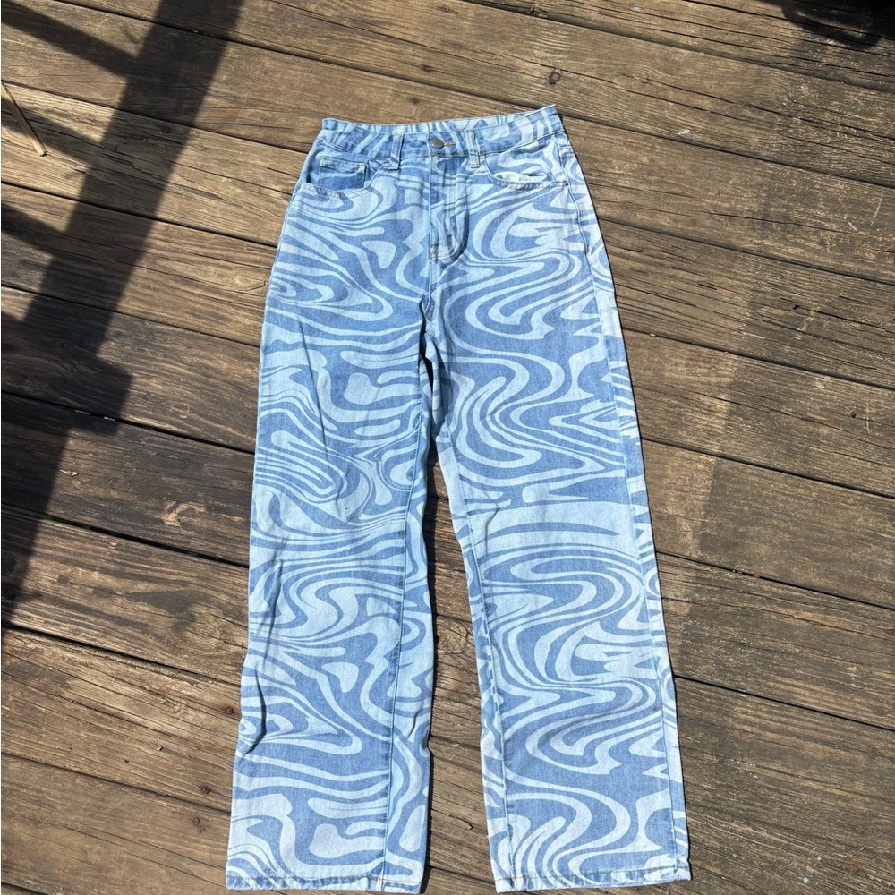 Blue Swirl Pattern High Waisted Jeans